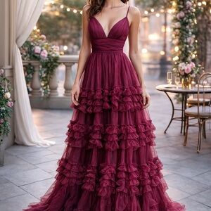 Faireisty Burgundy Ruffled Tulle Gown size small formal gown